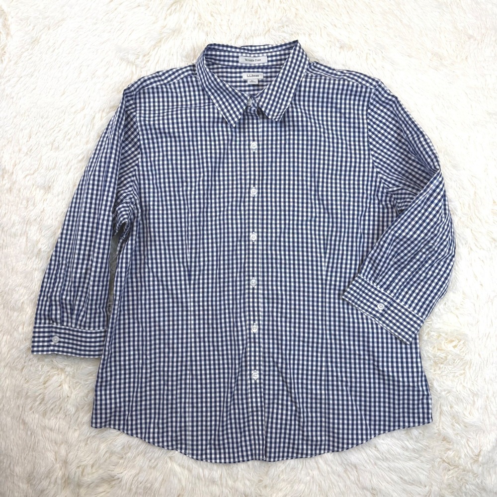 L.L.Bean Button Down Shirt Womens XL Blue Gingham 3/4 Sleeve Coastal Picnic